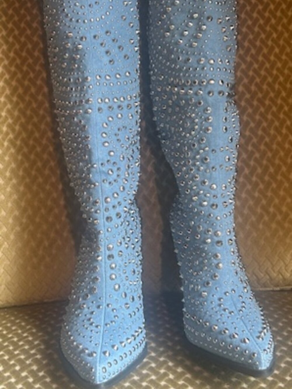 Azalea Wang Texas Studded Denim Pull On Cushioned Wedge Cut Heel Cowboy Boot NEW - Picture 15 of 16